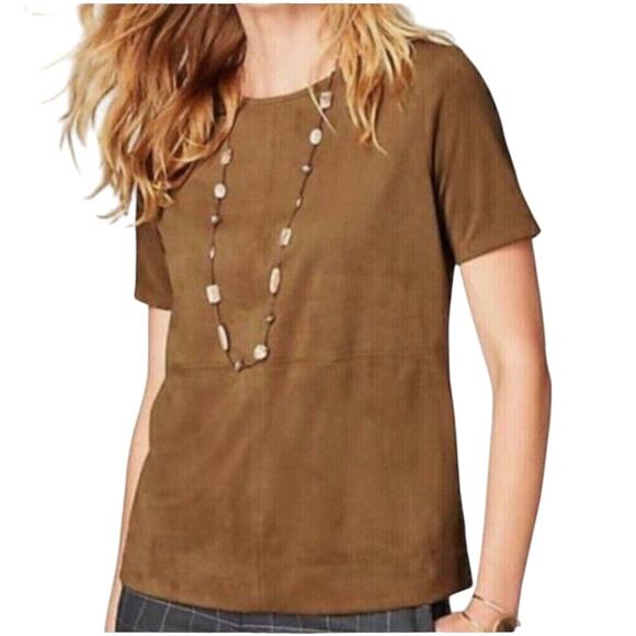 J Jill Faux Suede Short Sleeve Top Womens Size L Cognac Keyhole Back - Picture 1 of 5